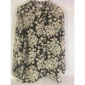 Casual Corner Annex Black & Cream Floral Button Up Long Sleeve Collard Blouse Si